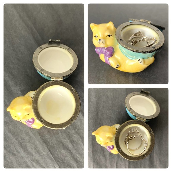 90s Cat Earring or Ring Box Ceramic Jewelry Container Vintage - Picture 3 of 12